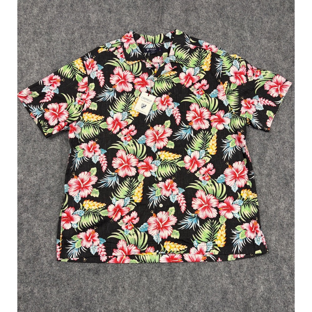 Cremieux Classics Mens XL Tropical Hibiscus Floral Linen Blend Camp Shirt Black